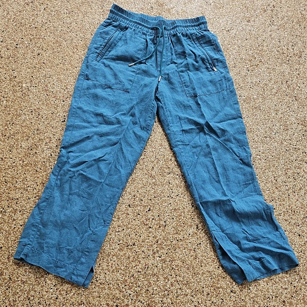Athleta 100% Linen Teal Casual Pants Slit Ankles Size 0